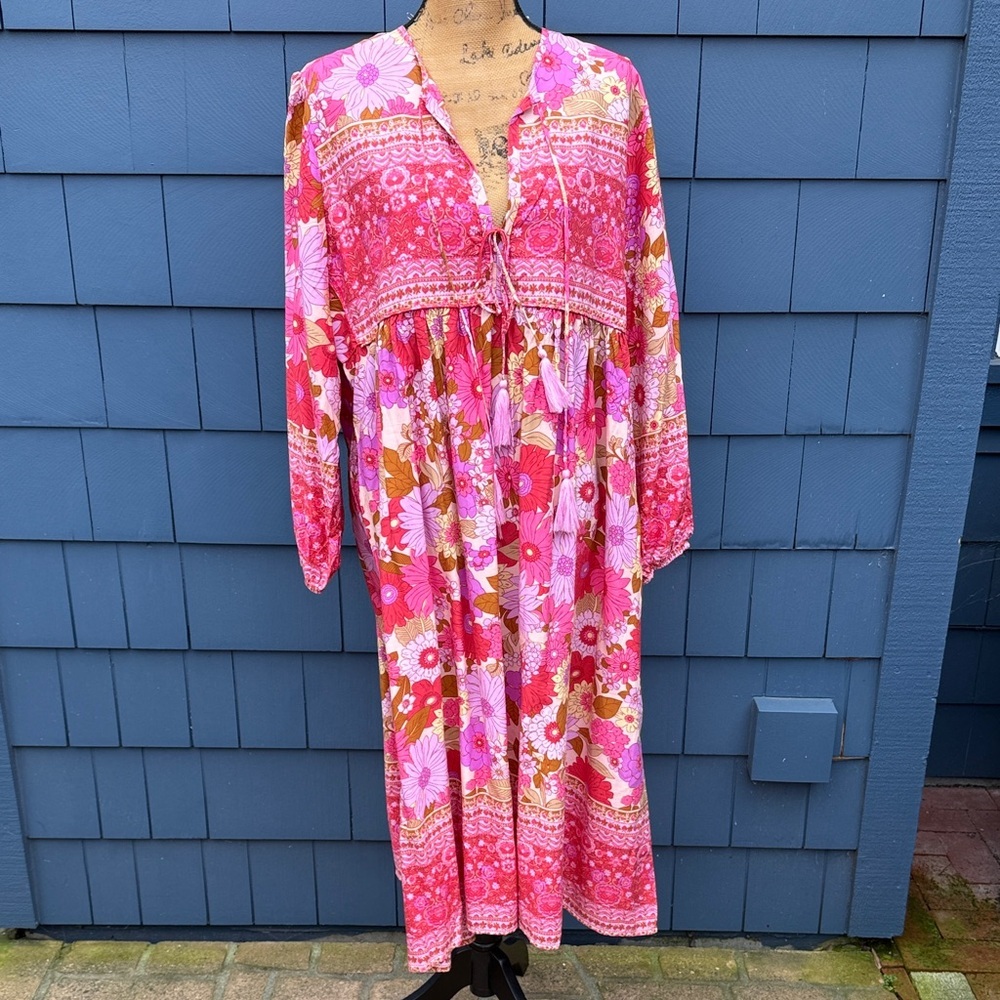 Pink Floral Dress Boho XL rayon purple red hippie chick